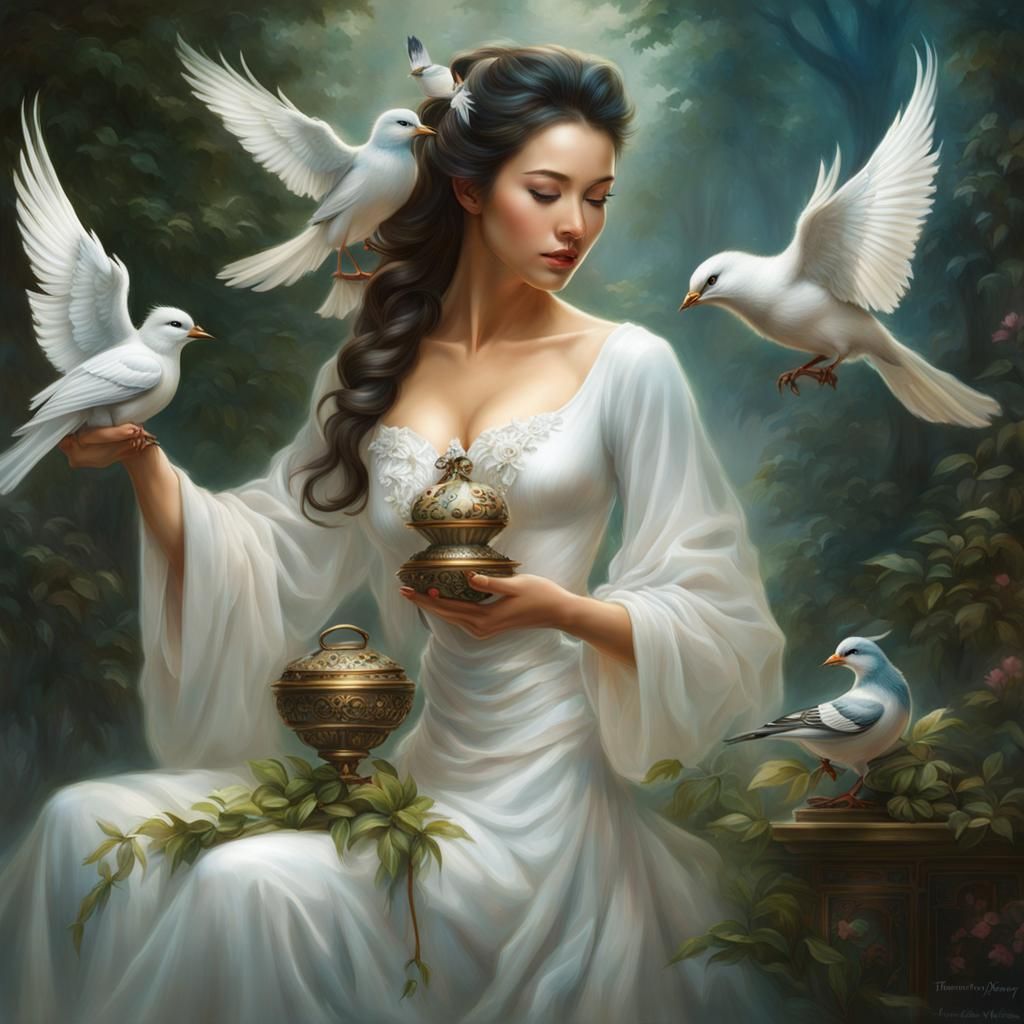 a woman in a white dress holding a bird