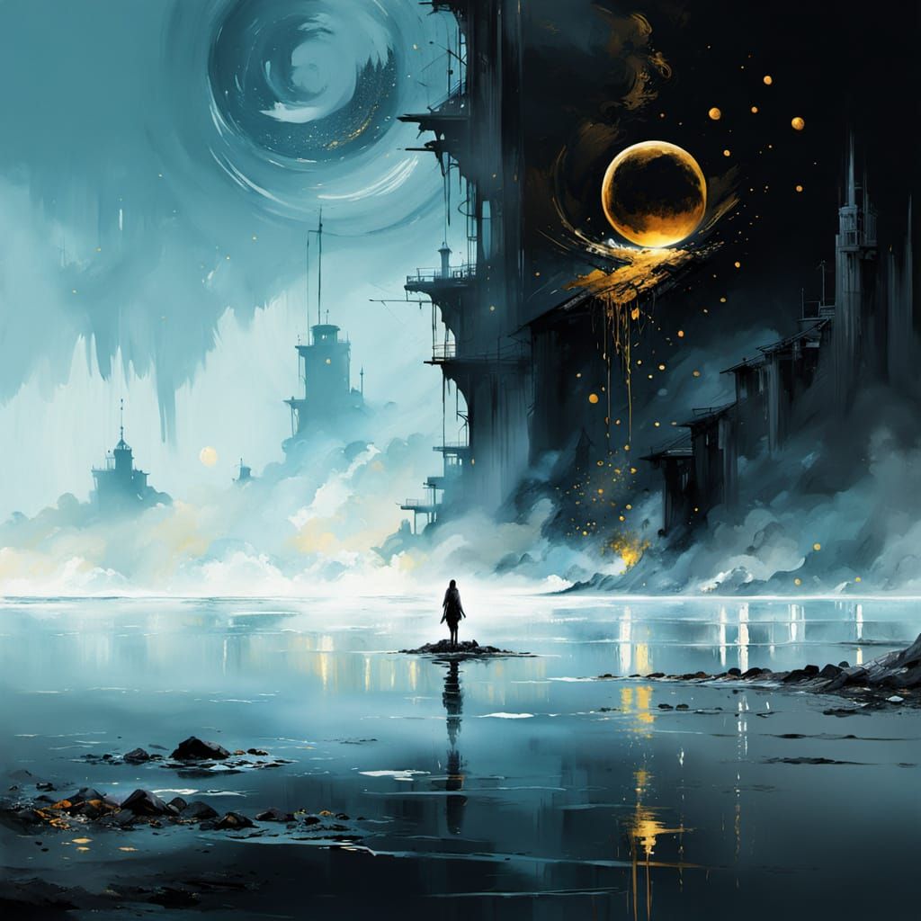 Golden Beach Eclipse with Shining Moon and Mist