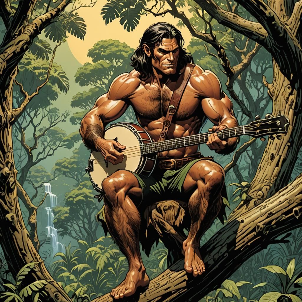 Tarzan Plays Banjo in Comic Book Art Style