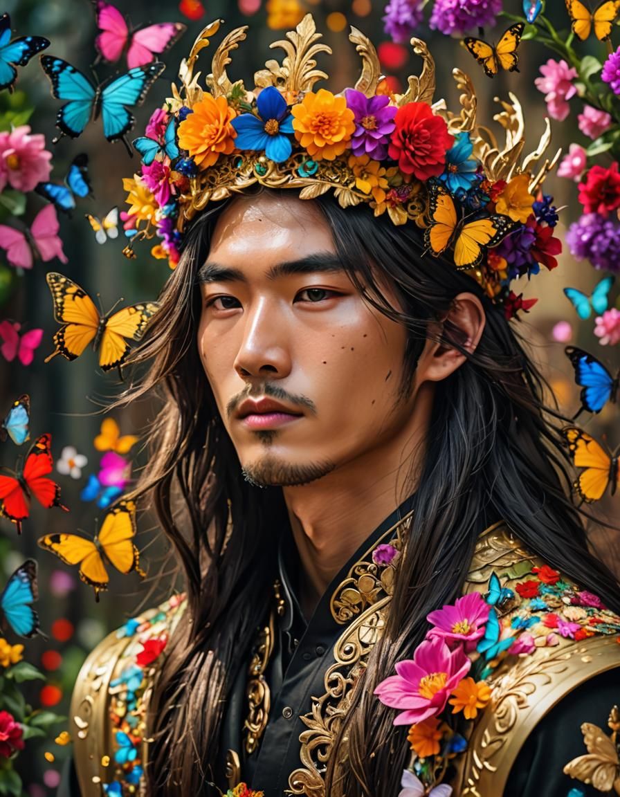 Ethereal Korean Man with Floral Crown, Hyperrealistic Photog...