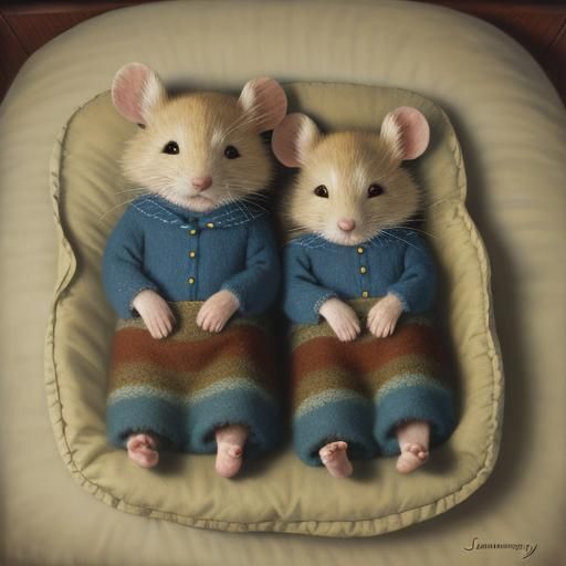 Twin Mice in Bed, Oil Painting by Gurney