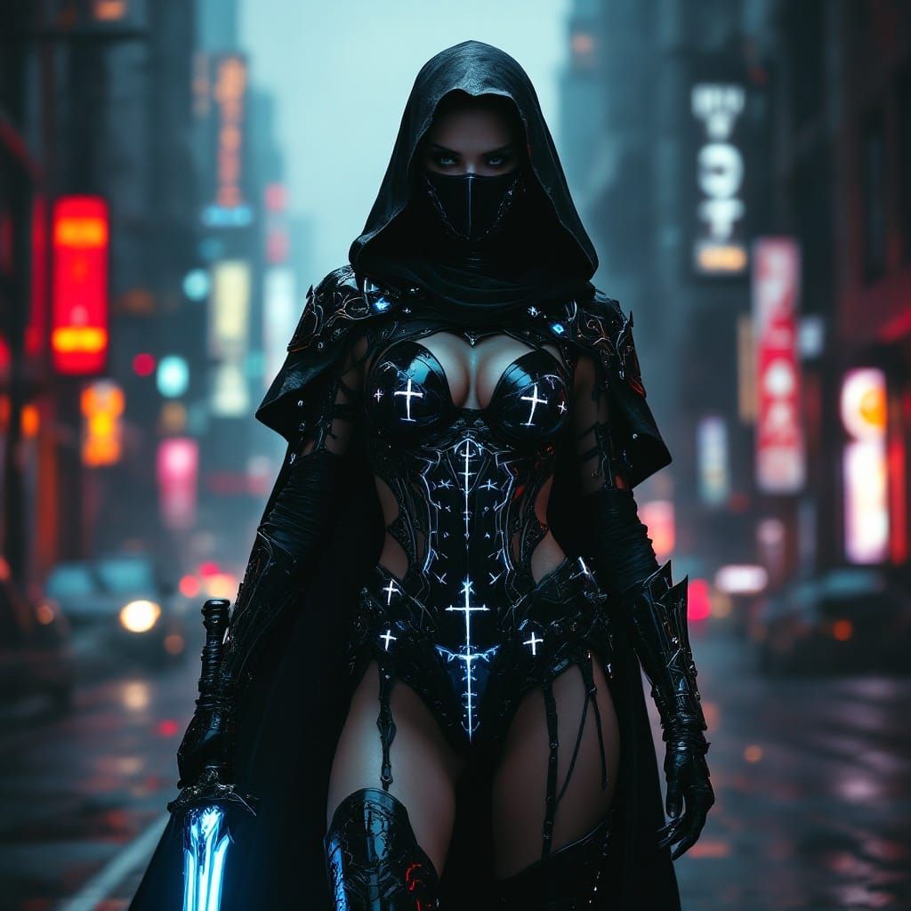 Goth Warrior in Cyberpunk Metropolis