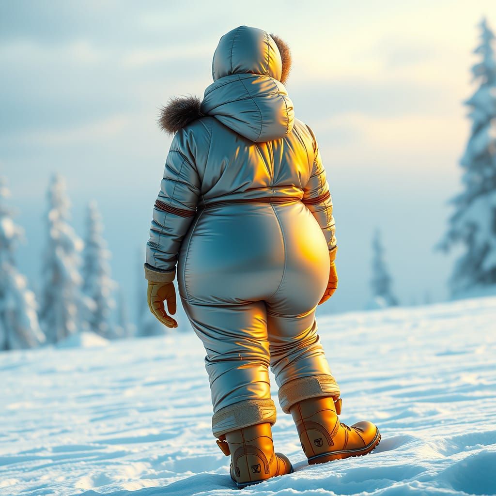 Woman in Metallic Snowsuit in Futuristic Landscape