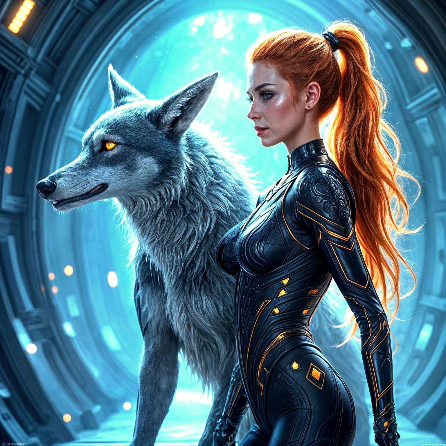 Futuristic Grey Wolf and Redhead in Spaceship