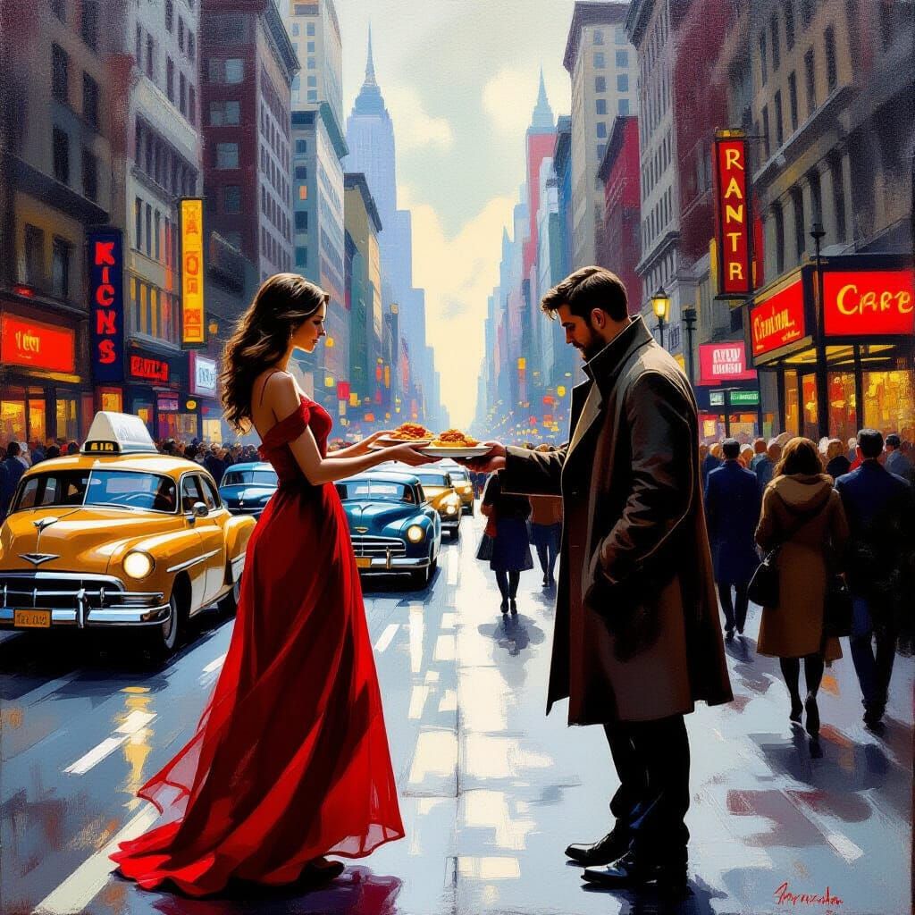 Kindness Amidst Urban Chaos Oil Painting