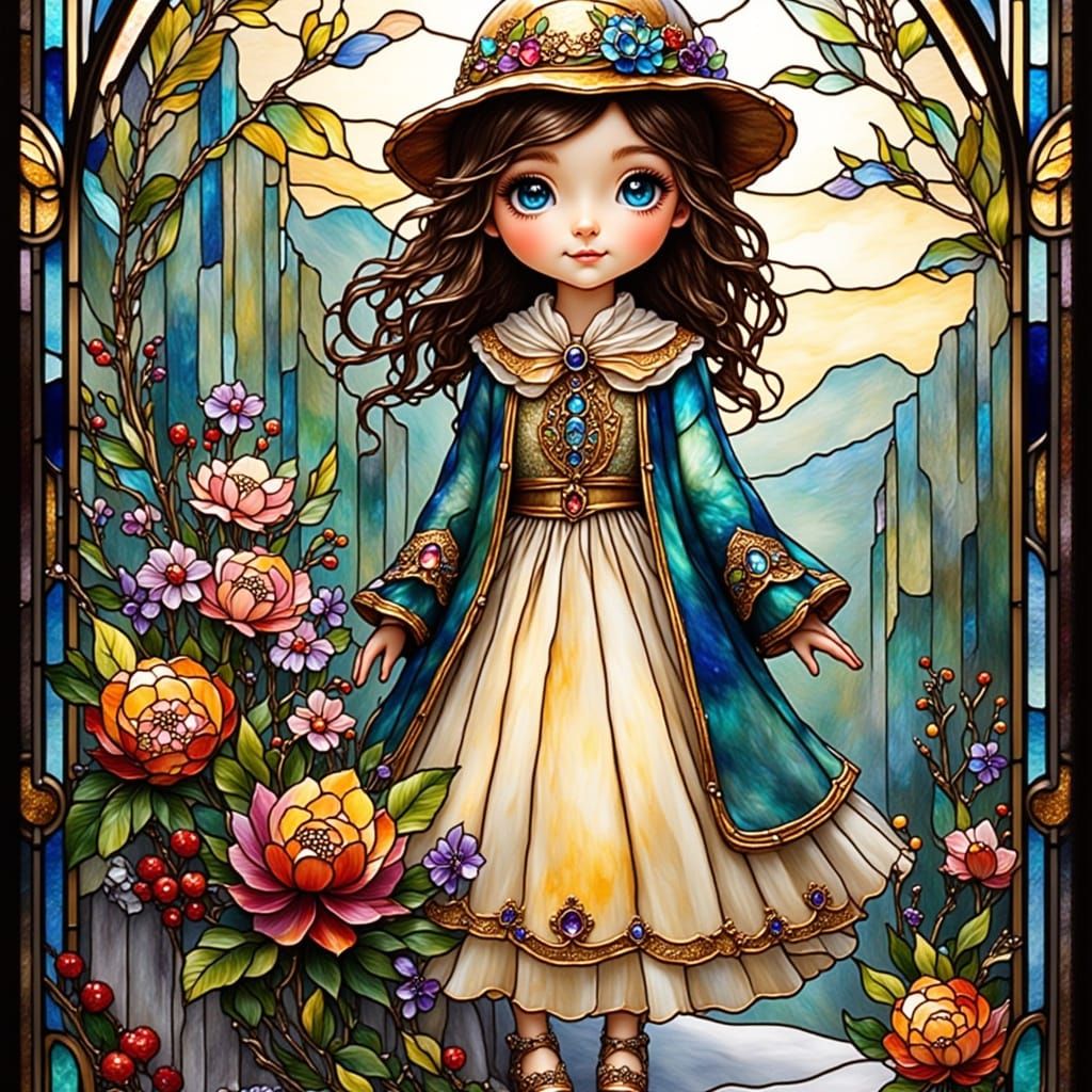 Whimsical Winter Girl in Stained Glass Style