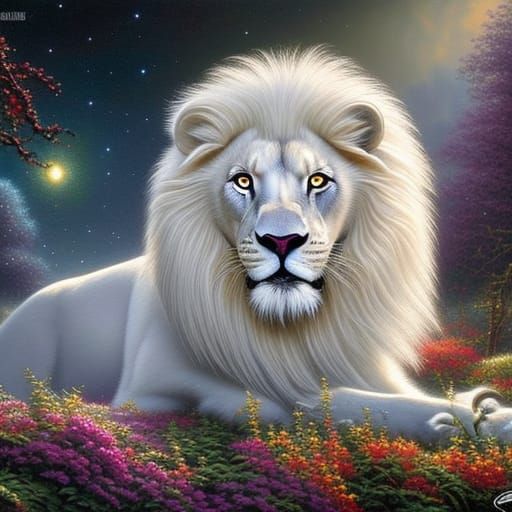 Gem-Encrusted White Lion in Cosmic Art Style