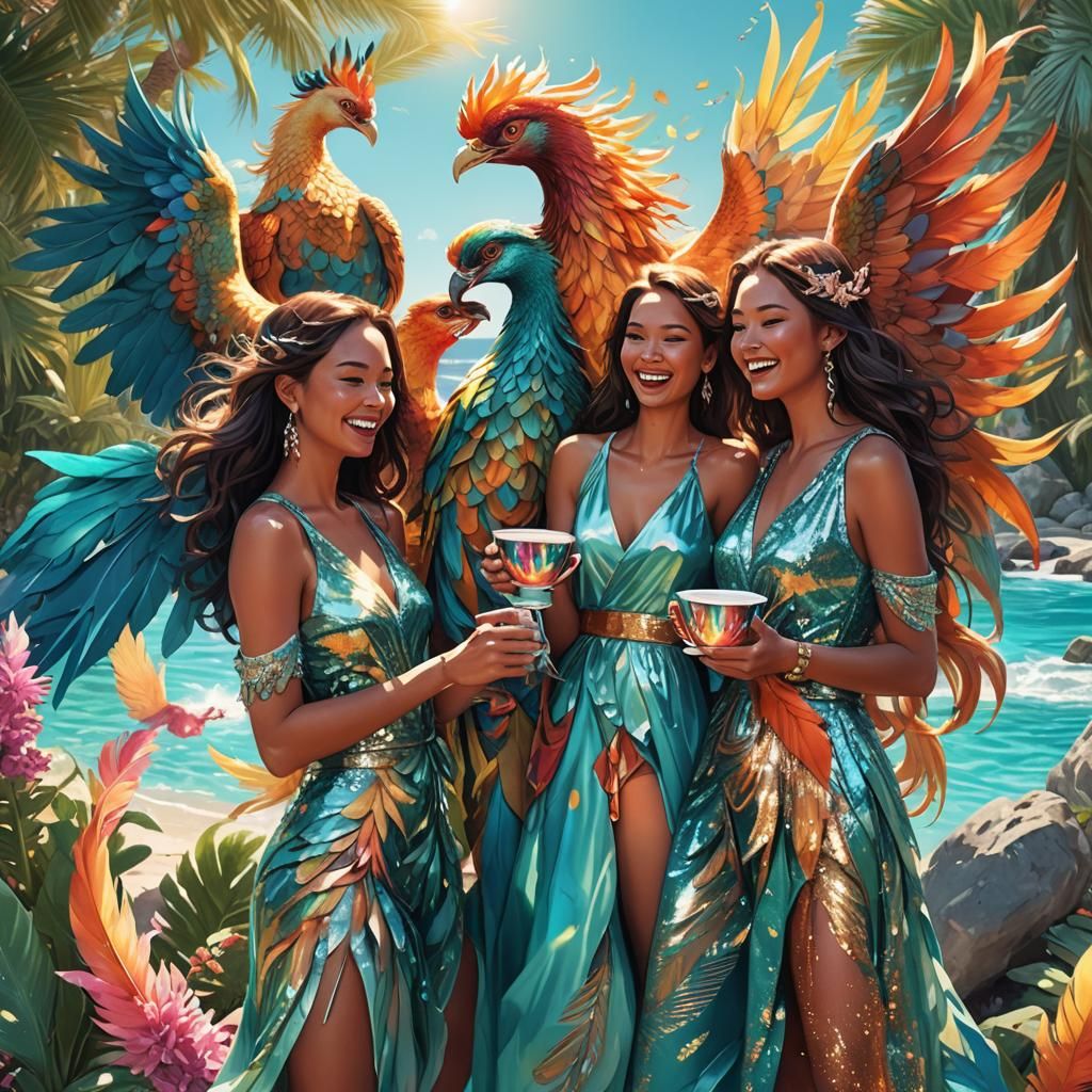 Friends Laughing with Phoenix in Candy Art Style