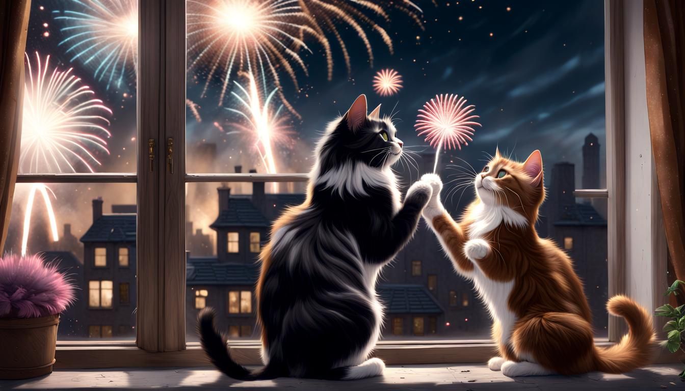 Cats Watching Fireworks: Detailed Digital Art