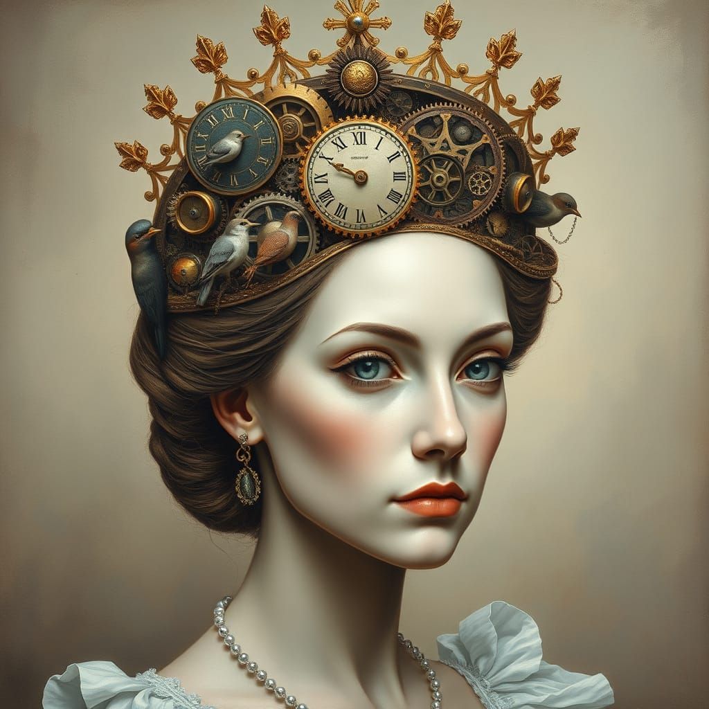 Surreal Queen with Clockwork Crown and Nesting Birds