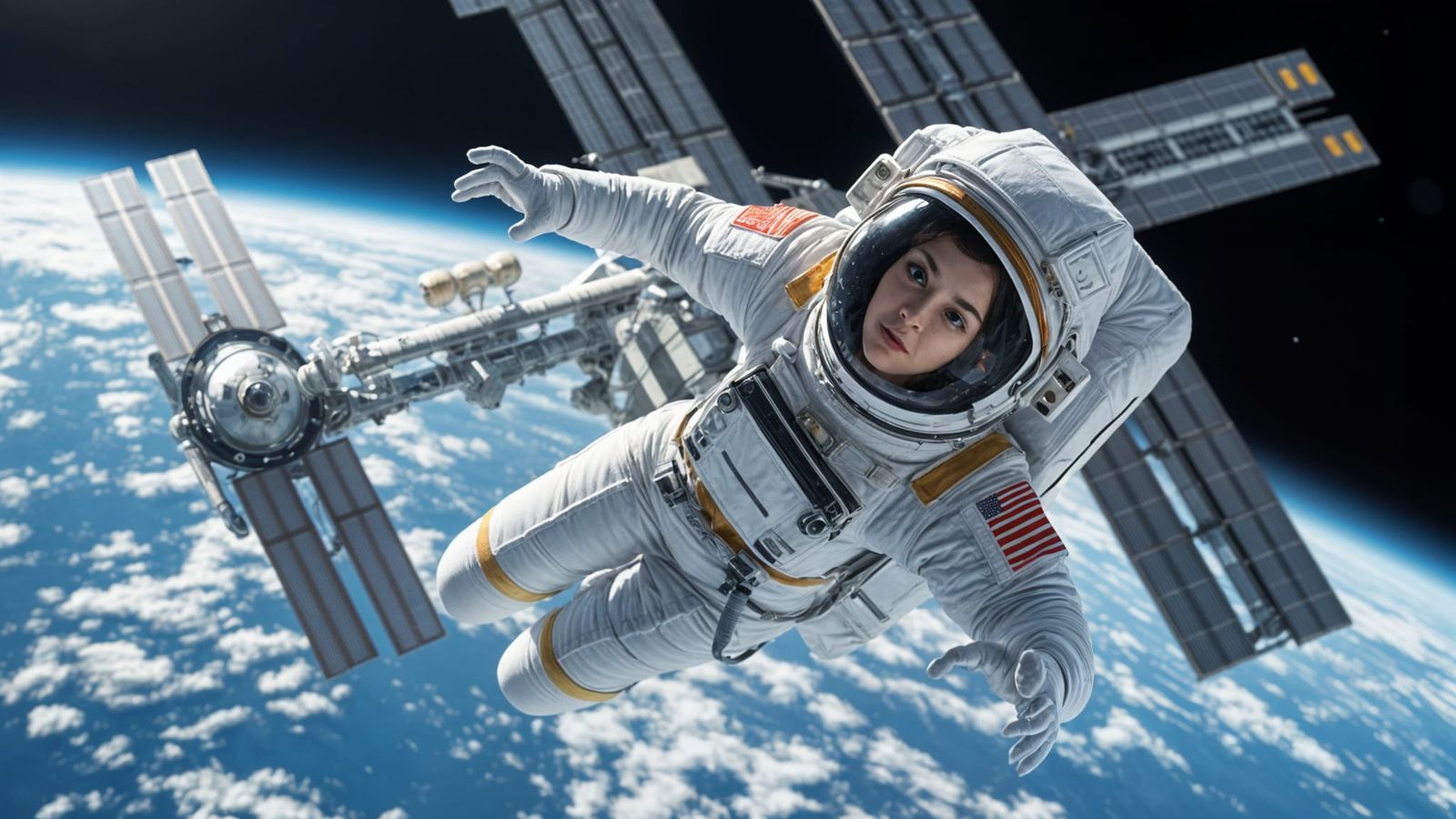 Astronaut in Orbit, International Space Station in the Backg...