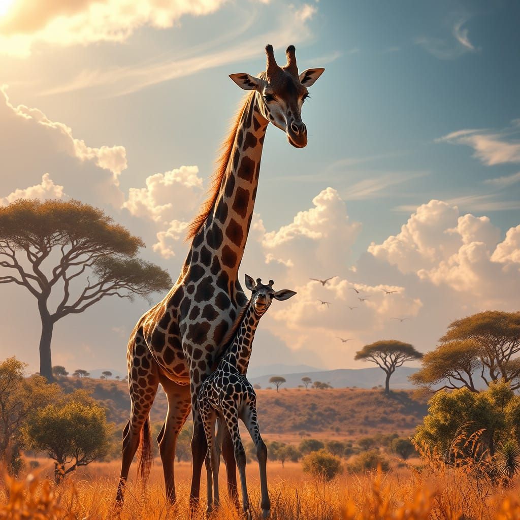 Majestic Giraffe and Calf in Dreamlike Savannah Landscape