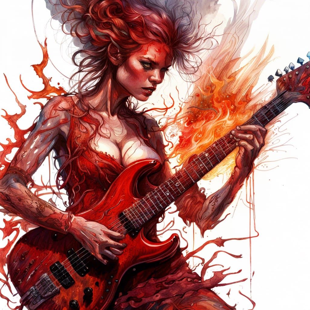 Fiery Devil Guitarist in Hyperreal Fantasycore Style