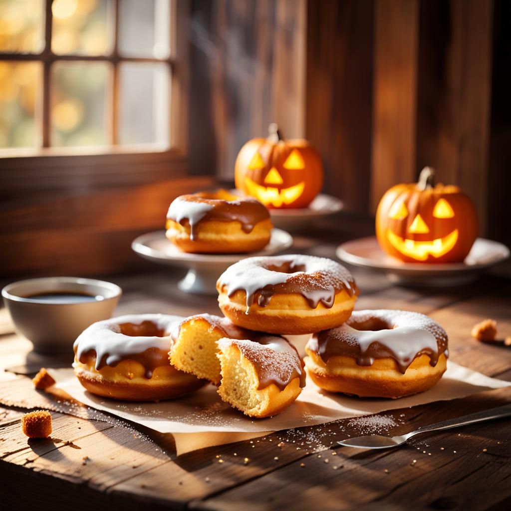 Warmly Lit Jack o Lantern Doughnuts on a Rustic Wooden Table