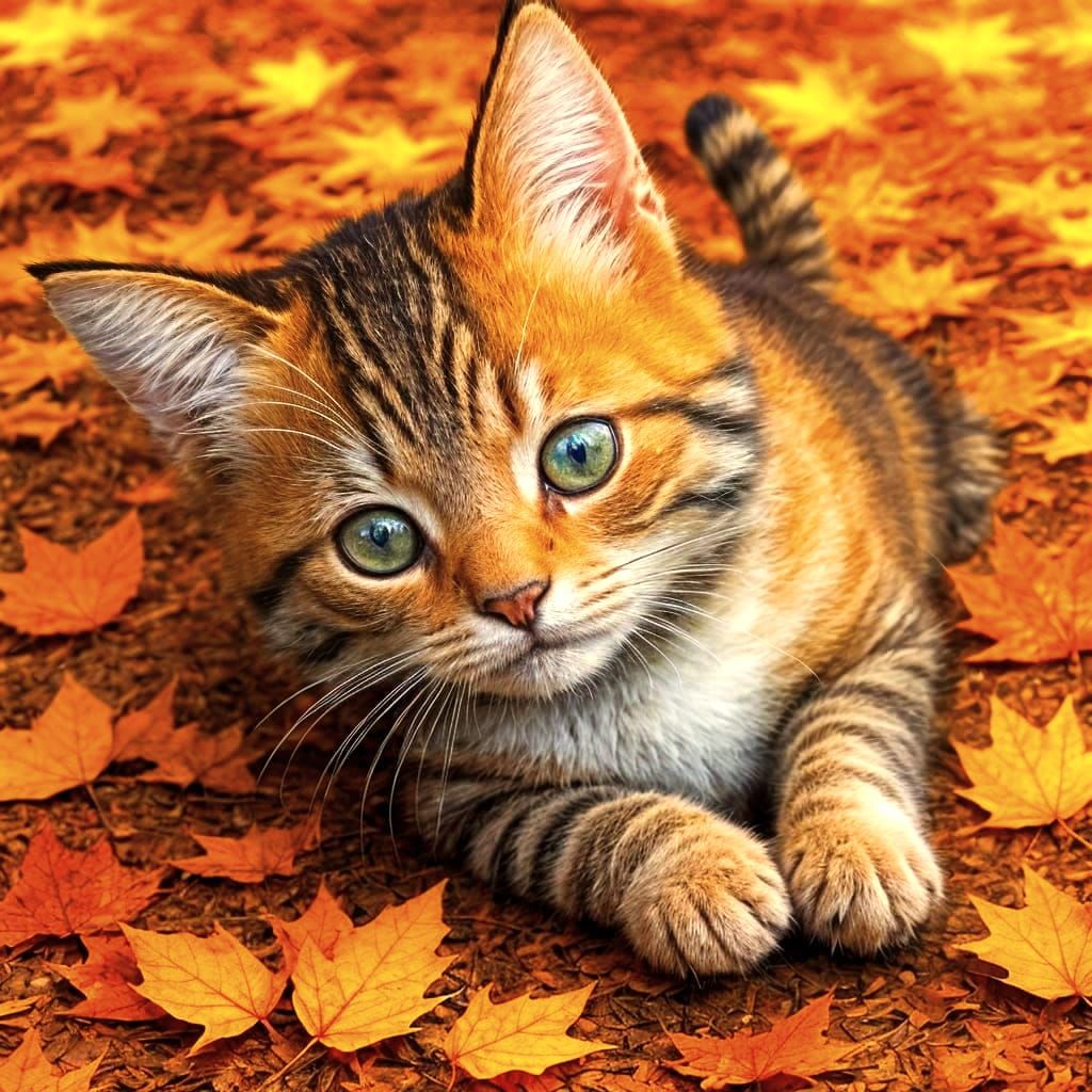 Kitten Plays in Autumn Leaves: Watercolor Style