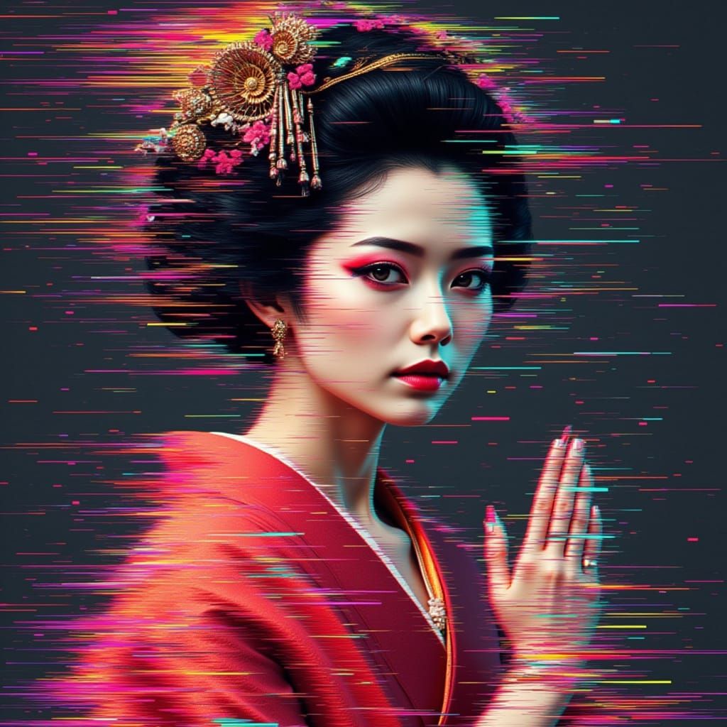 Geisha Disintegrating into Pixels with Glitch Effects