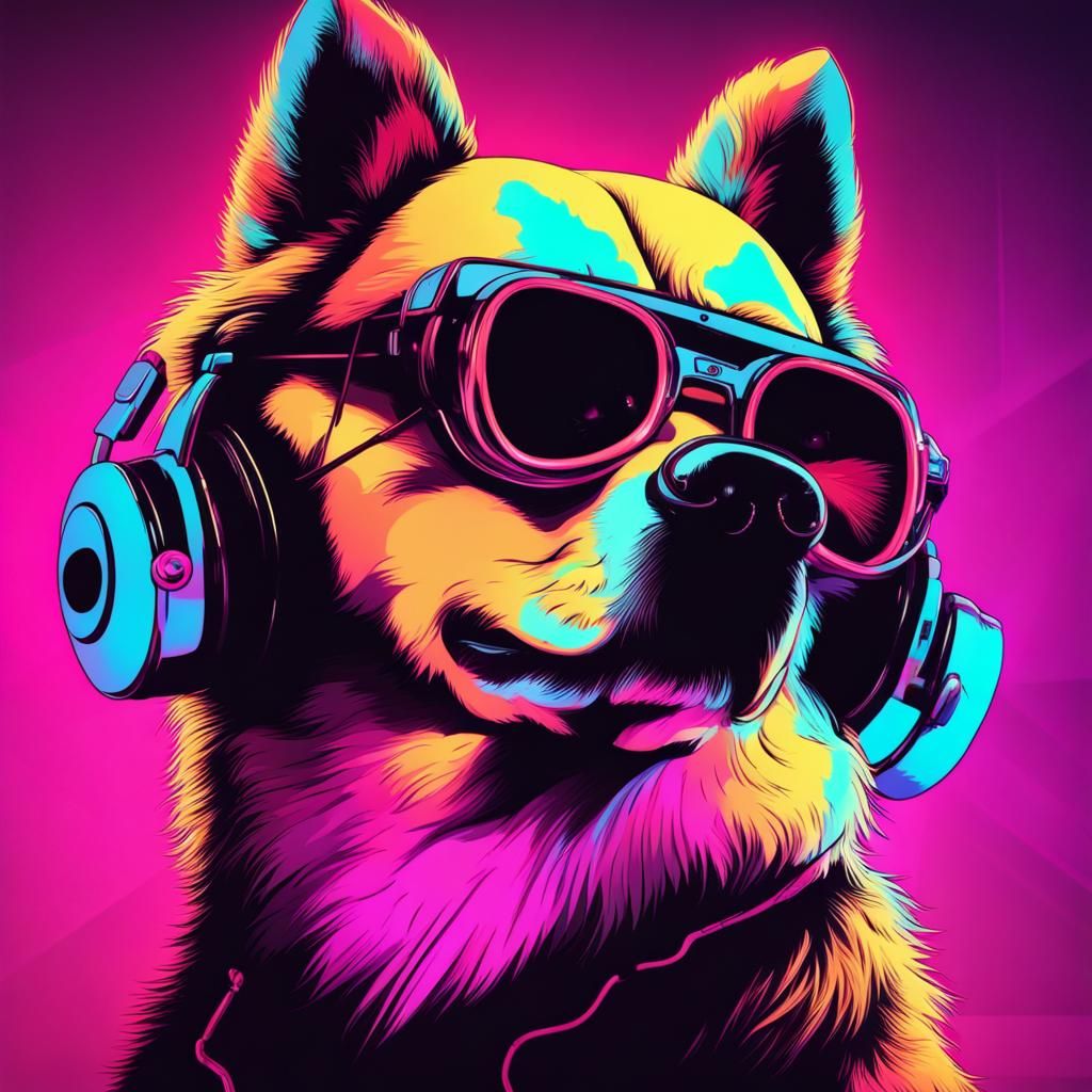 Synthwave Dog DJ in Neon Retro Style