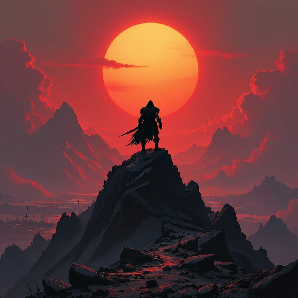 Barbarian Warrior on Mountain Peak Under Double Sun