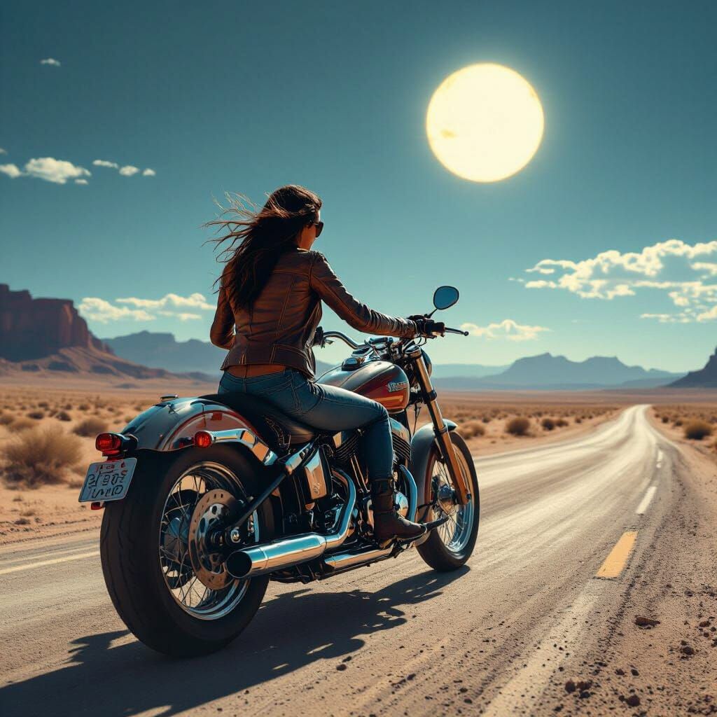 Outlaw Woman Rides Motorcycle Under Twin Suns