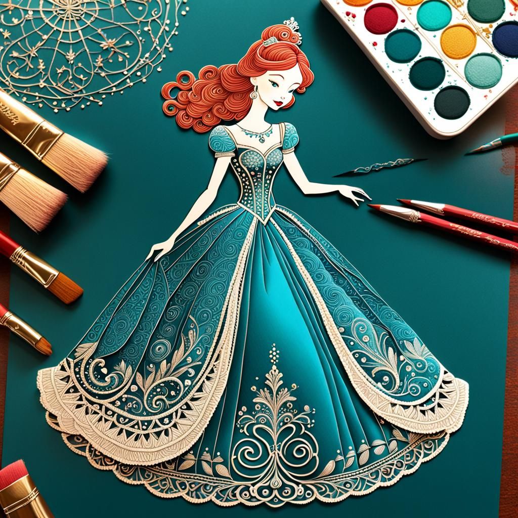 Teal Ball Gown Design with Zentangle Embroidery