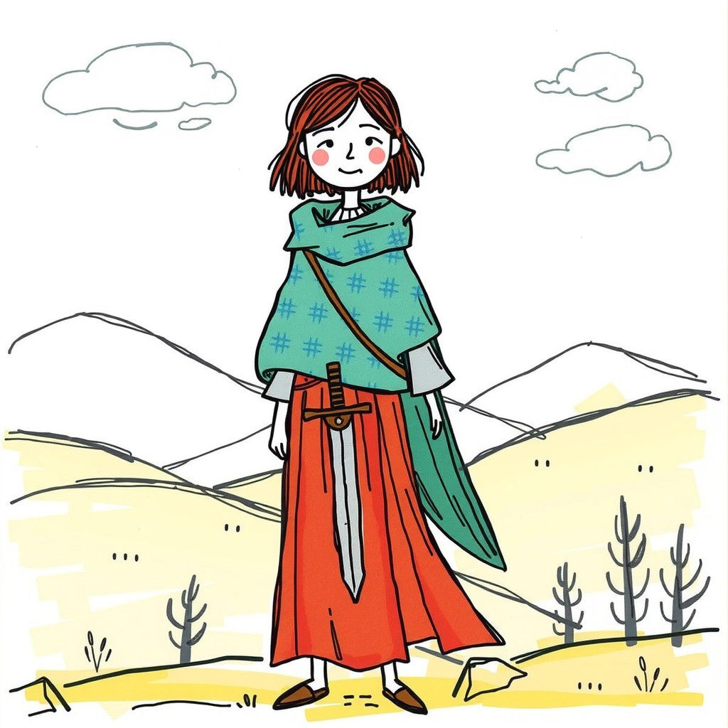 Whimsical Fantasy Landscape with Woman Holding Sword