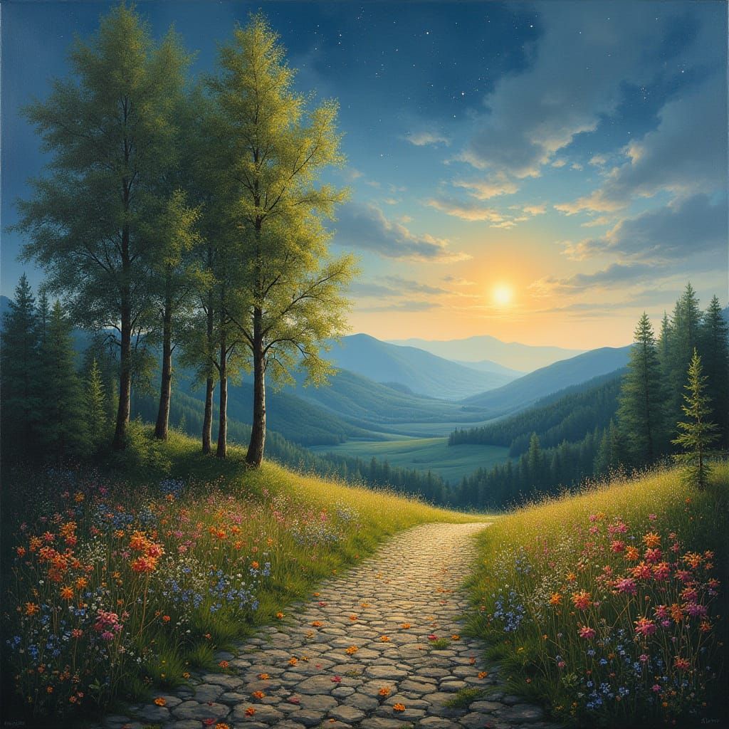 Norwegian Countryside Landscape in Romantic Oil Painting Sty...