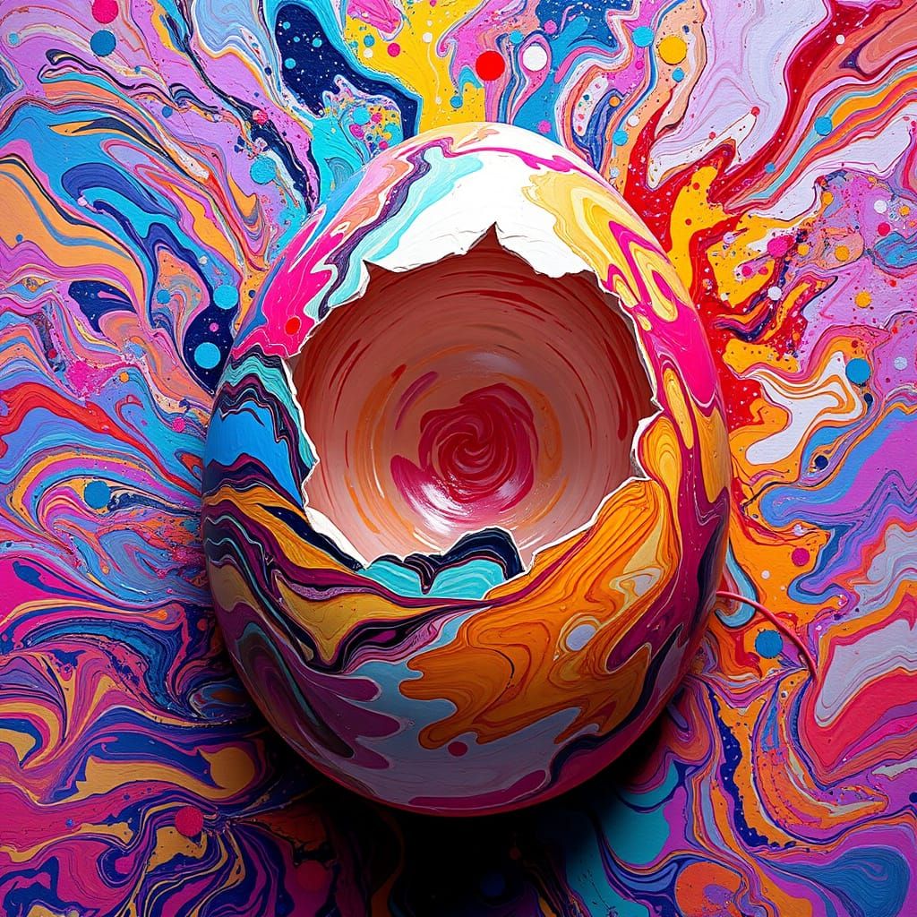 Vibrant Egg with Swirling Paint and Splatters in 8K