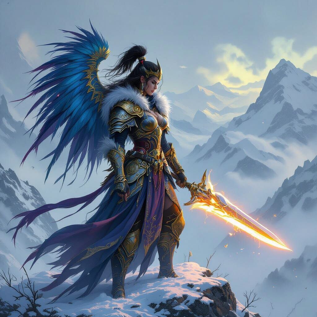 Valkyrie Warrior with Glowing Blade on Mountain Peak