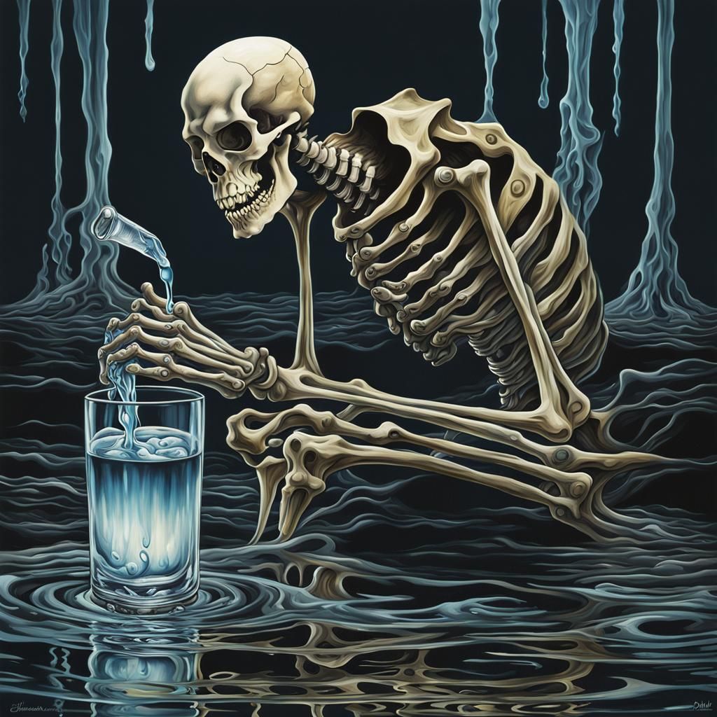Surreal Skeleton Monster Hydrating, Oil on Canvas