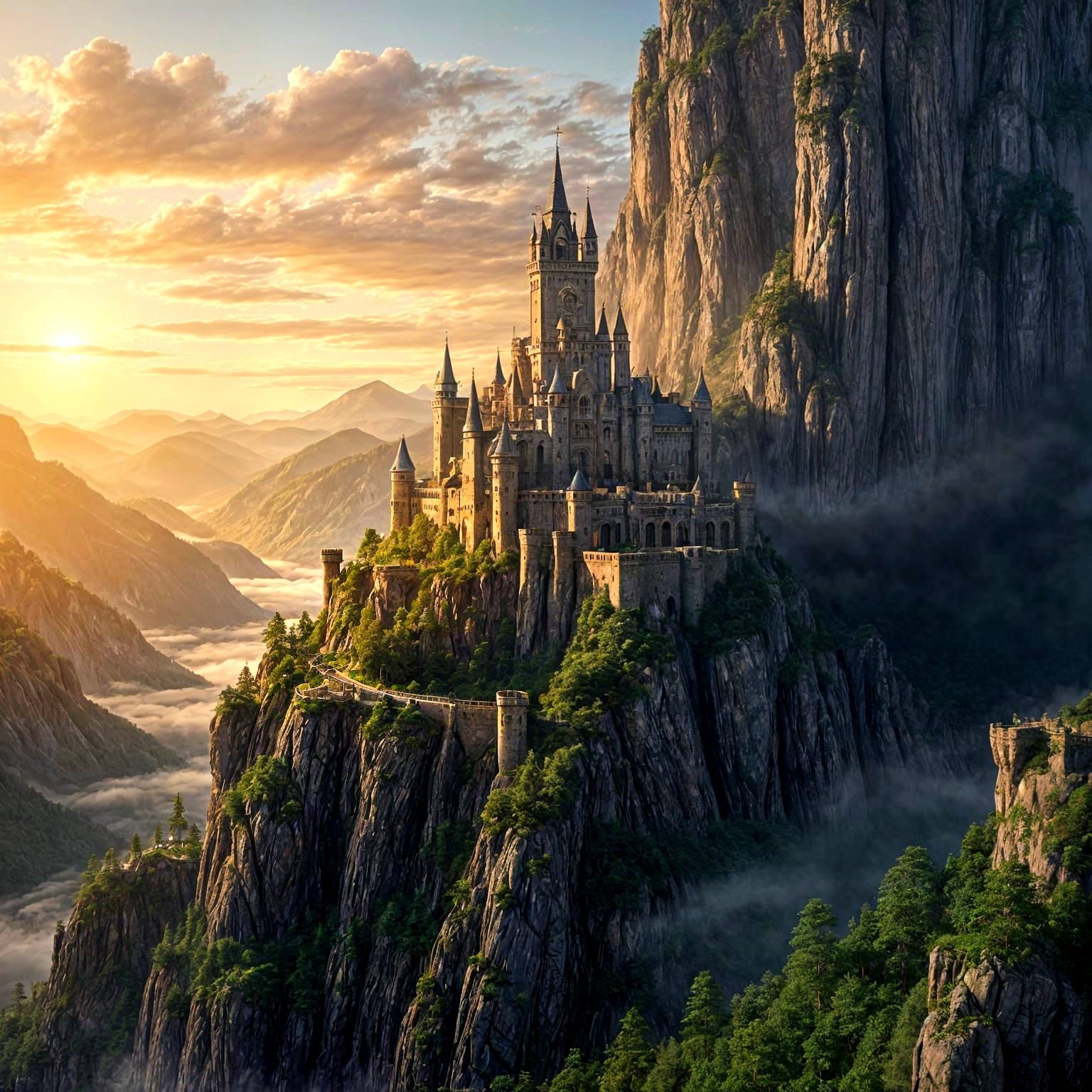Epic Sunrise Castle Amidst Majestic Mountains in a Digital M...