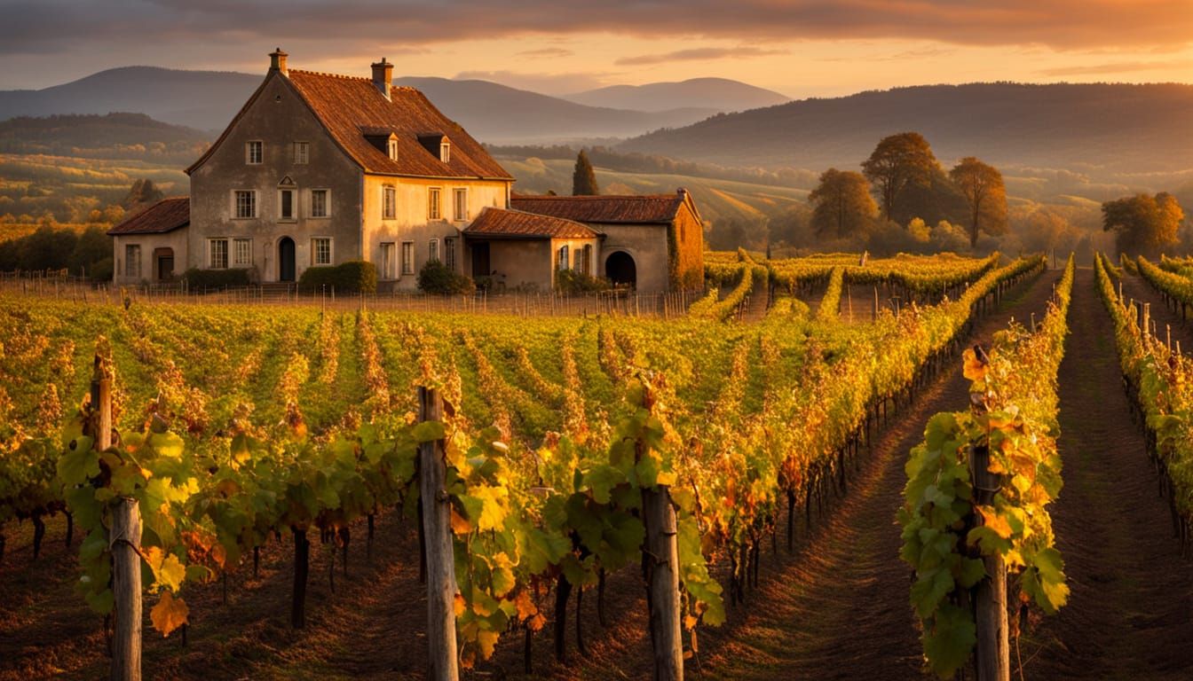 Serene Autumn Vineyard at Golden Hour with Rustic Farmhouse