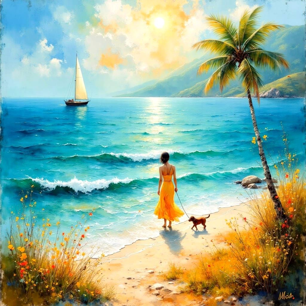 Dog on Beach with Boat in Impasto Style