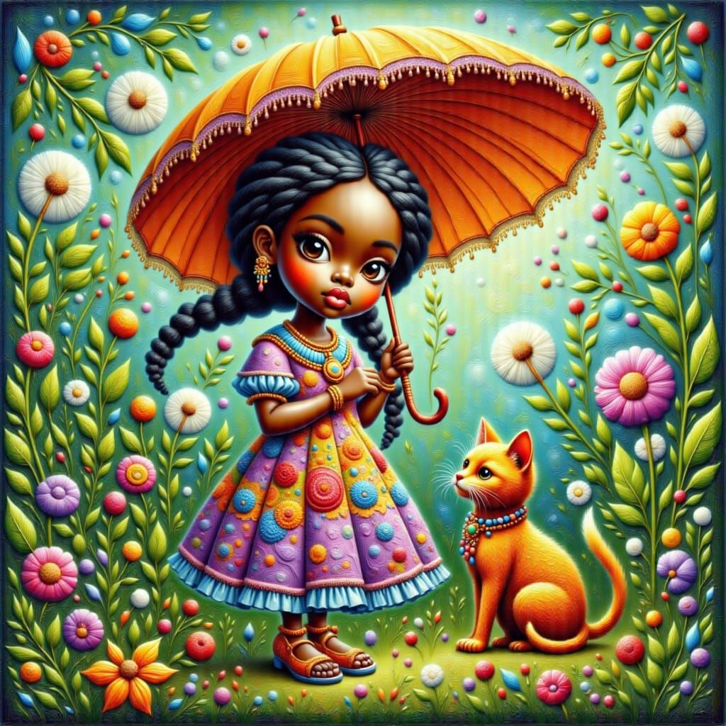 Dreamy Girl with Dandelion Umbrella, Art Nouveau