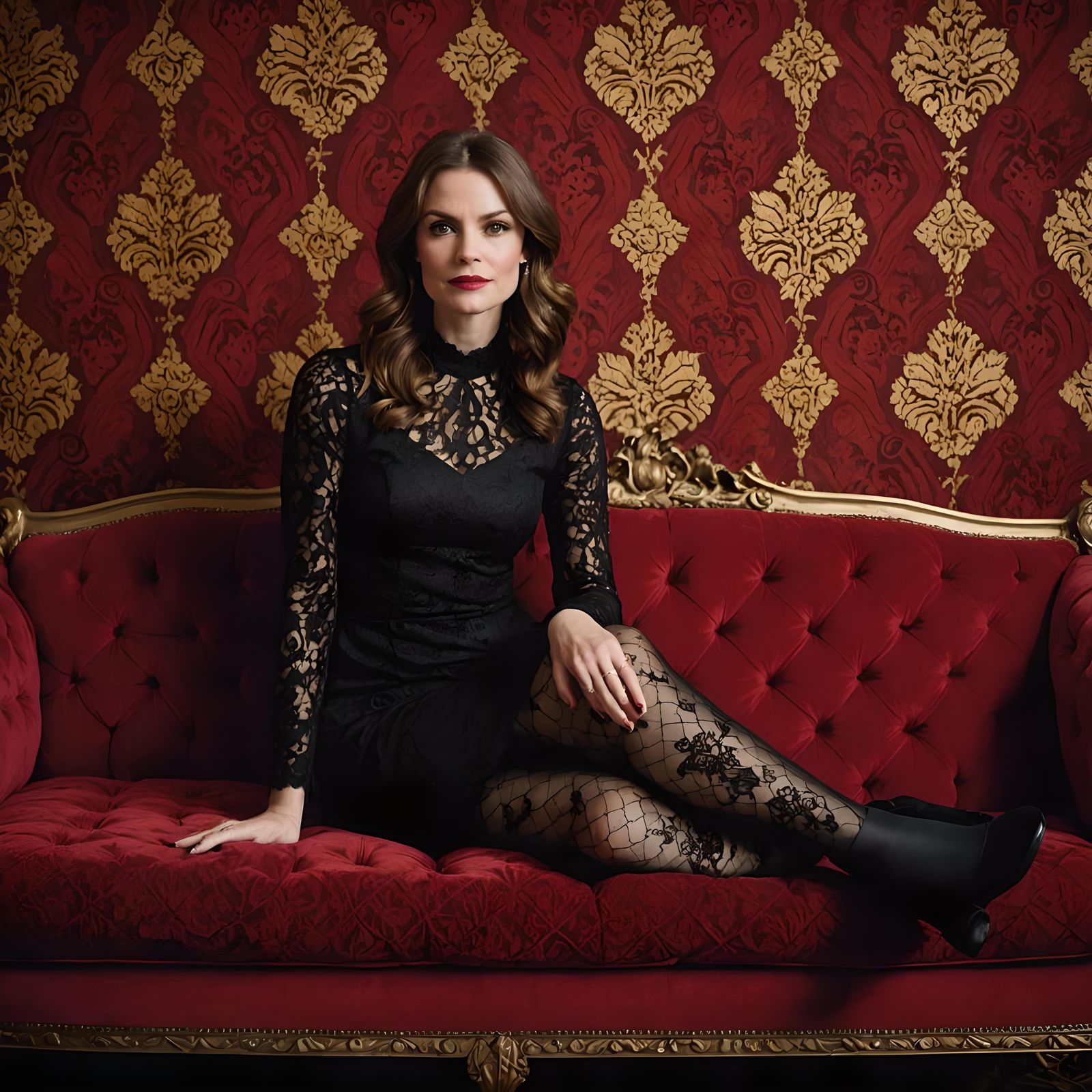 Woman in Lace Dress on Sofa Portrait