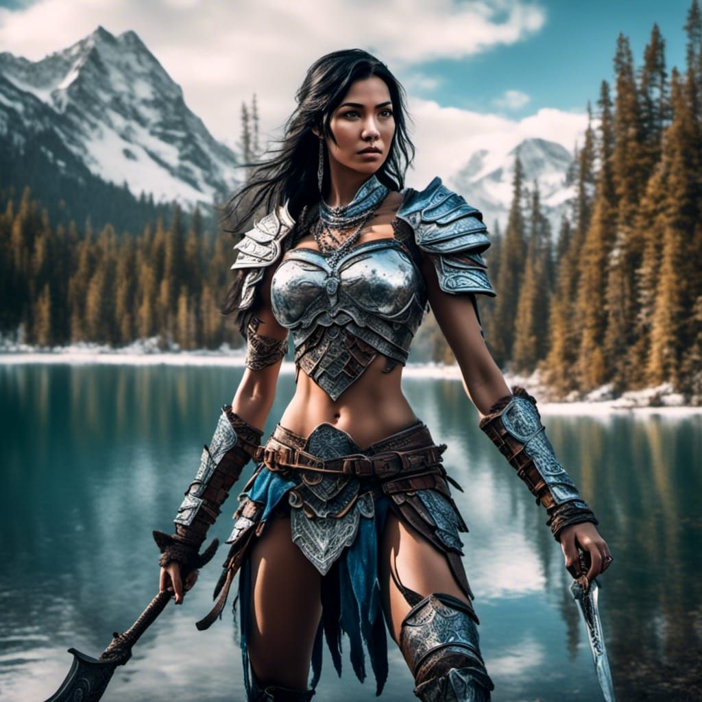 Amazonian female warrior, black hair, jewelry, toned muscula...