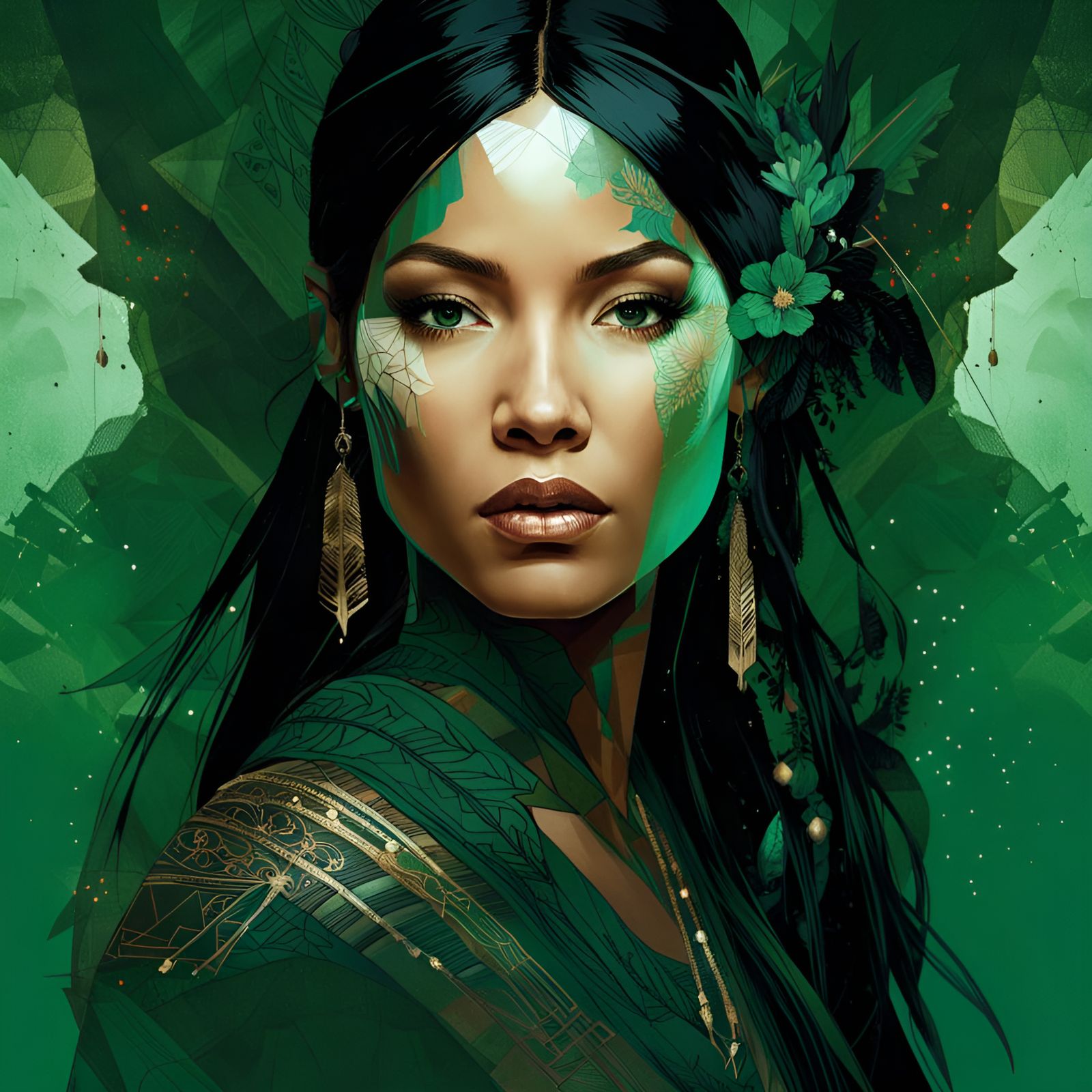 Gorgeous Pocahontas Portrait with Forest Green Filigree