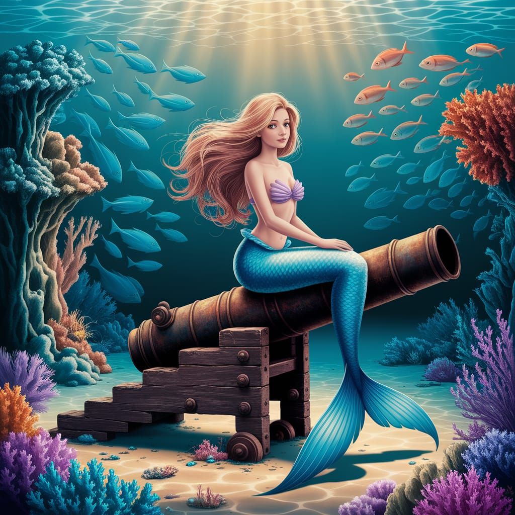 Mermaid on Sunken Cannon in Underwater Fantasy