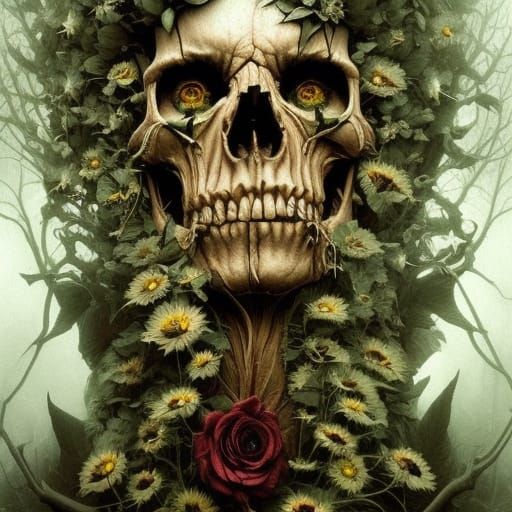 Tree Skull with Roses: Hyper-Detailed Fantasy Art