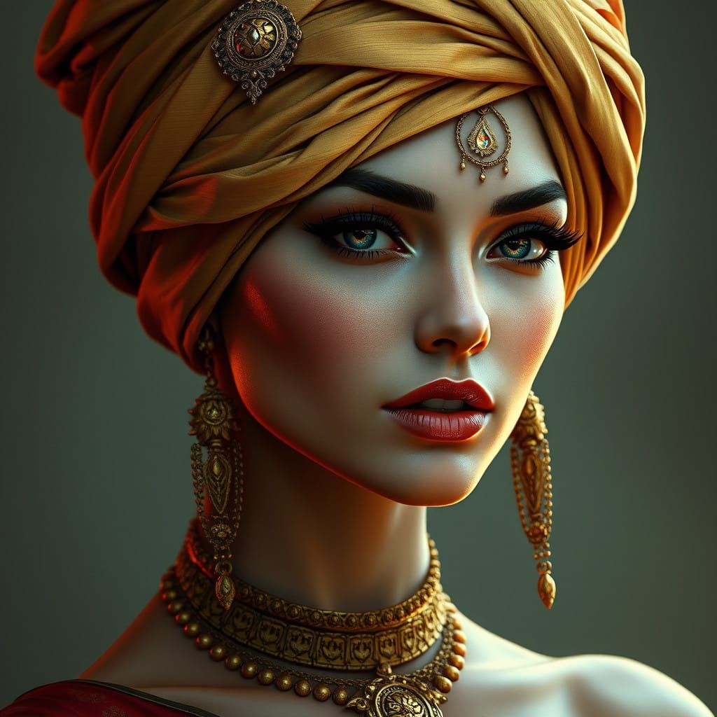 Elegant Woman in Antique Turban, Blending Artistic Styles