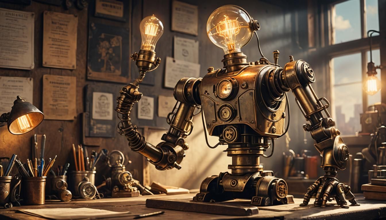 Steampunk Robot Lamp Concept Art with Edison Bulb