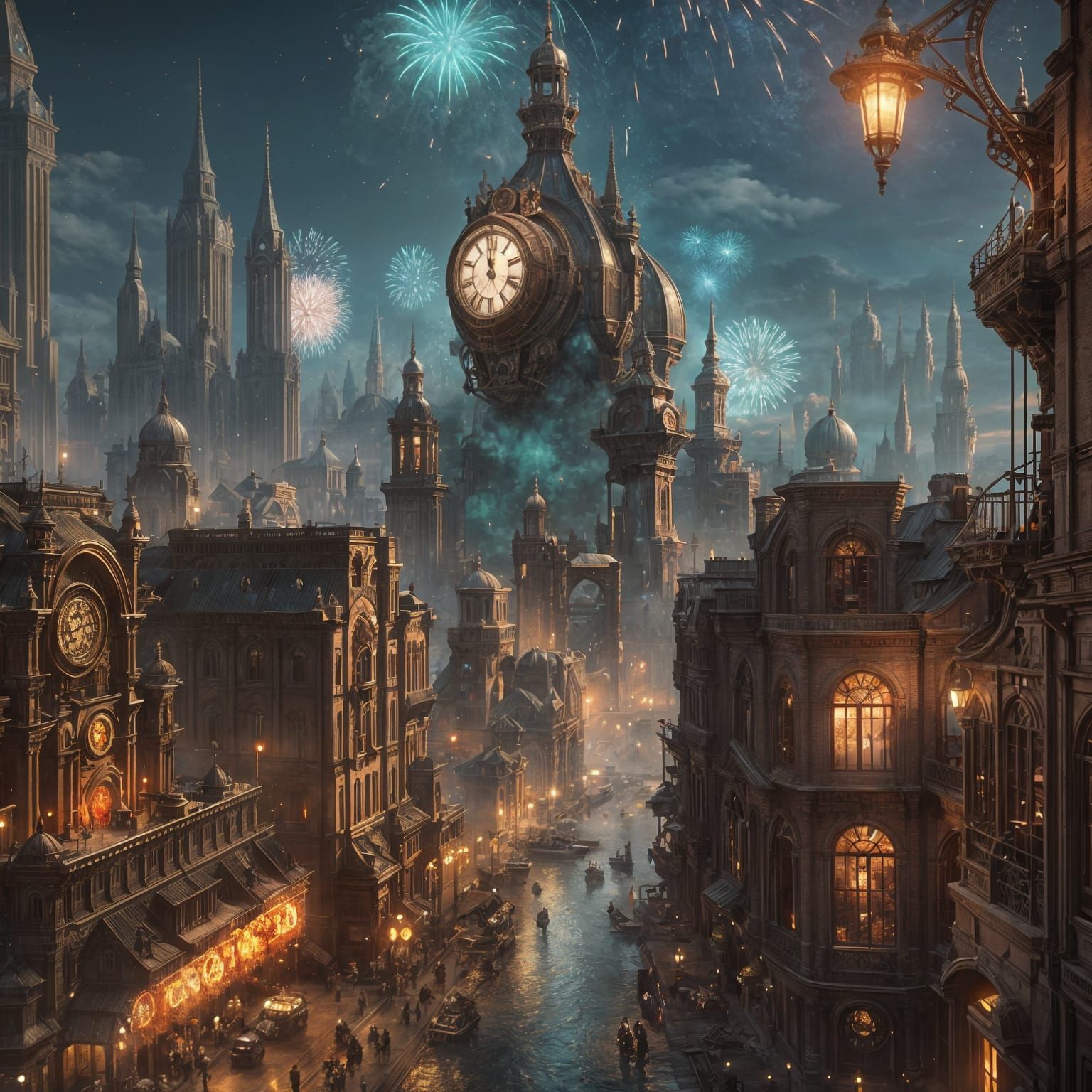 Steampunk Cityscape with Fireworks in 8K Resolution