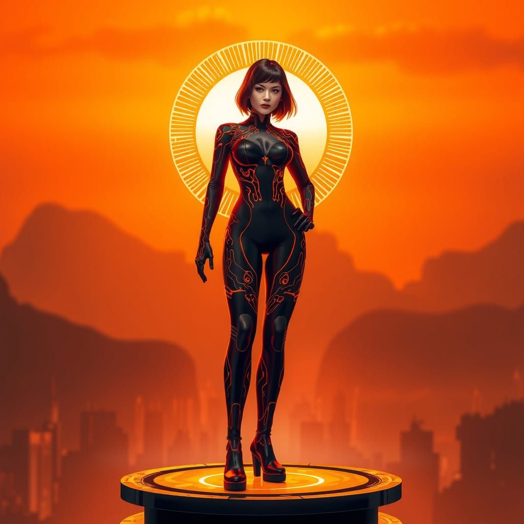 Futuristic Woman Embraces Power in a Radiant, Orange-Lit Env...