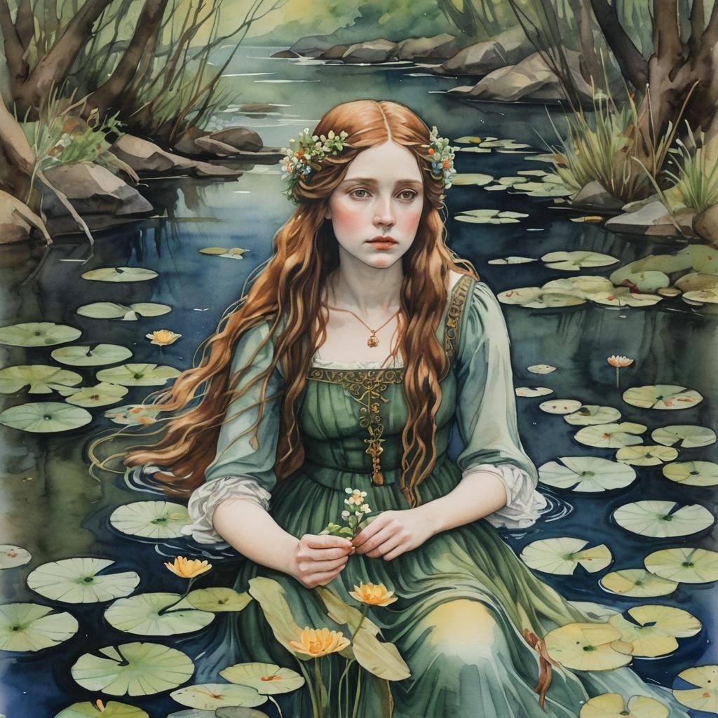 Ophelia Watercolor in Pre-Raphaelite Style