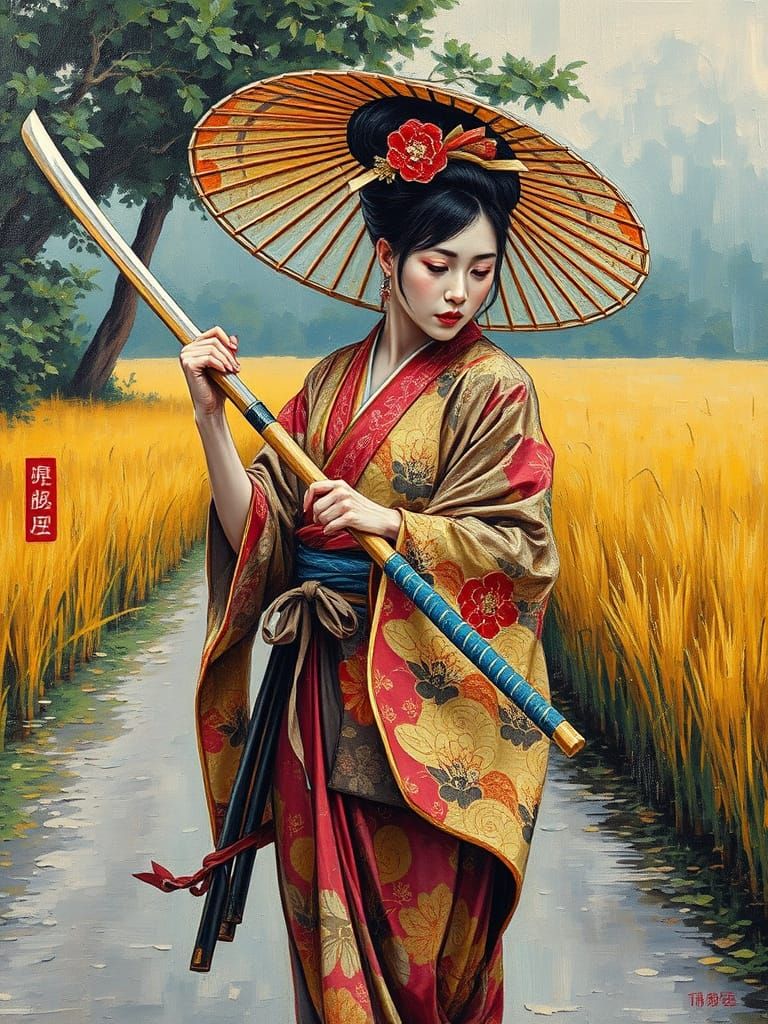 Historiated Naginata Warrior in Neo-Impressionist Oil Painti...
