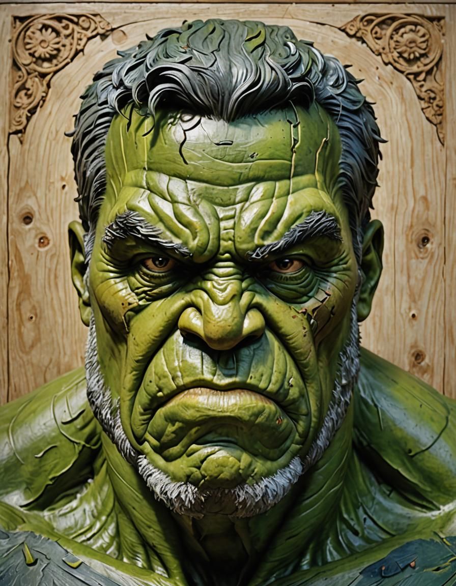 Elderly Hulk Carving: Polychrome, Hyperrealistic Portrait