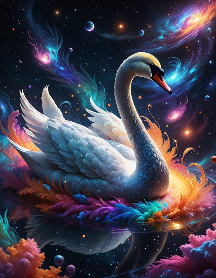Whimsical Swan in Colorful Galaxy, Photorealistic