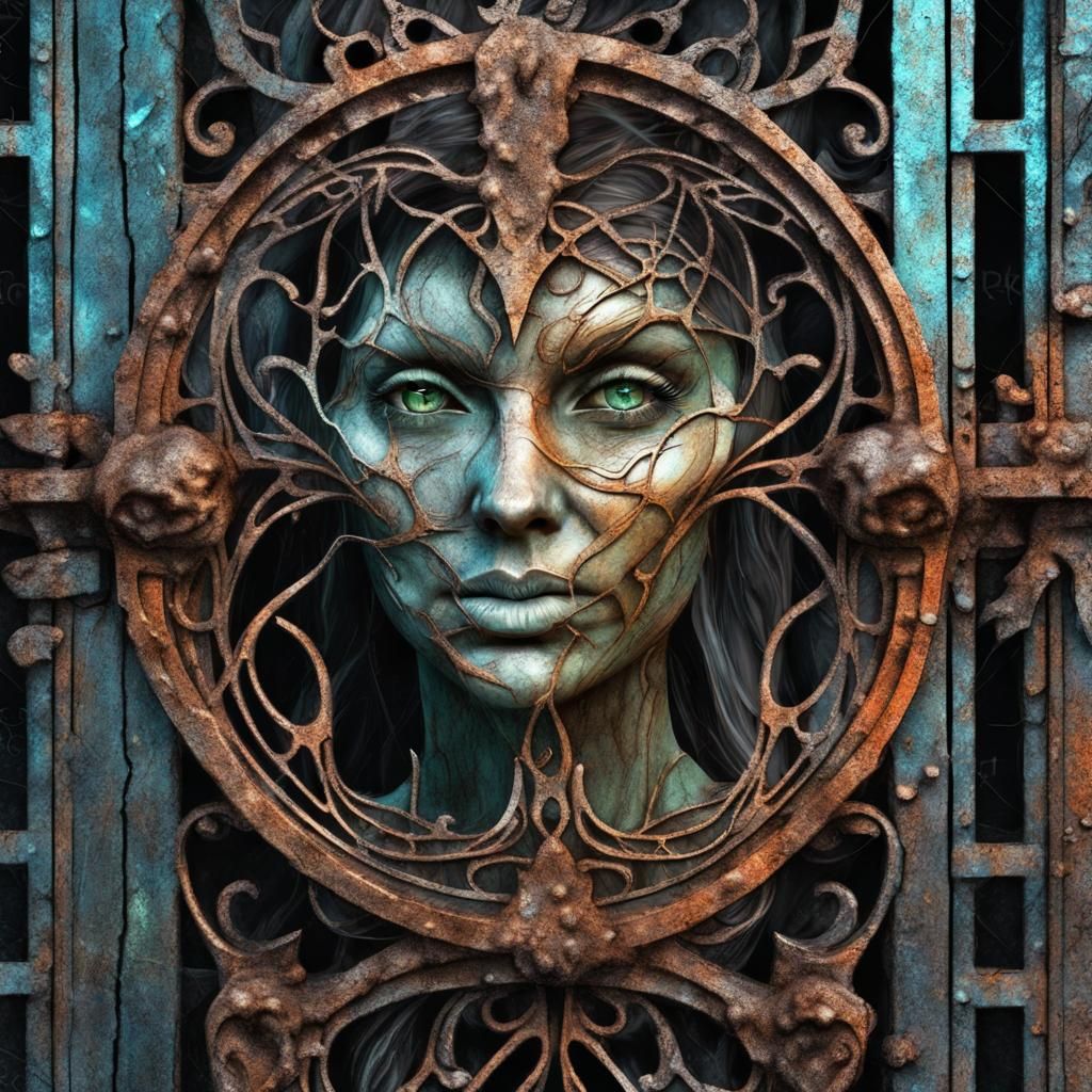 Apocalyptic Elf Face Carved in Rusty Gate