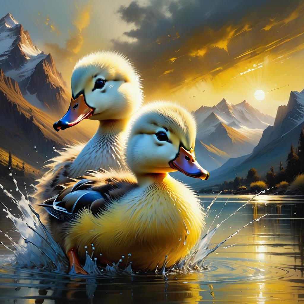 Fluffy Duckling Splashing at Sunset: Matte Painting