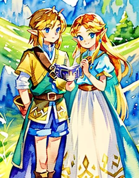 Link and Zelda in Watercolor Style
