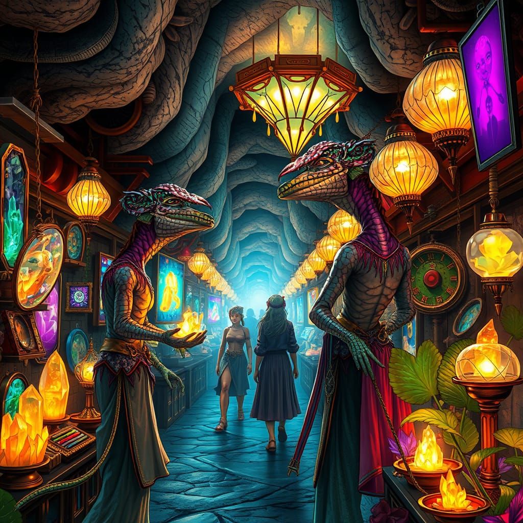 Subterranean Market with Reptilian Humanoids in Retro-Futuri...